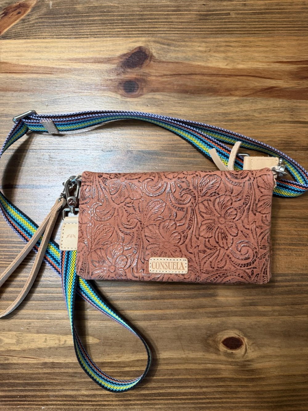 Consuela Coral Tooled Leather Uptown Crossbody with Multicolor Strap